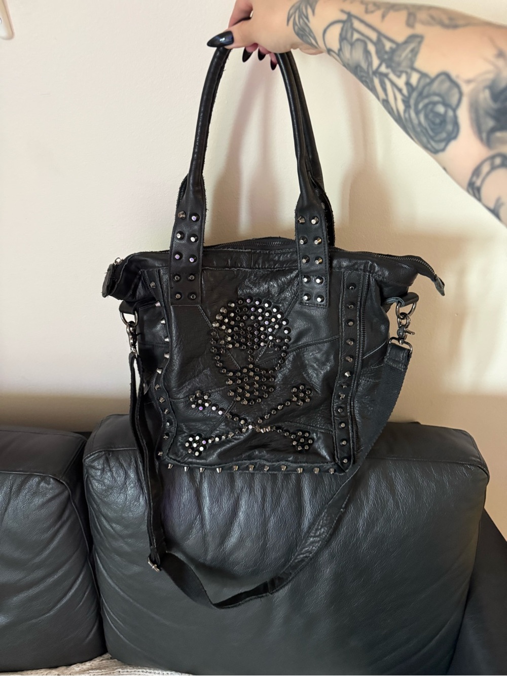 Studded Black Leather Tote Bag with Skull Accent - Picture 3 of 9